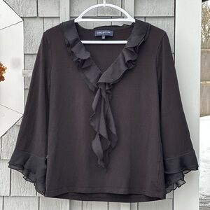 Jones New York Elegant Black Ruffle Blouse- Large- V neck